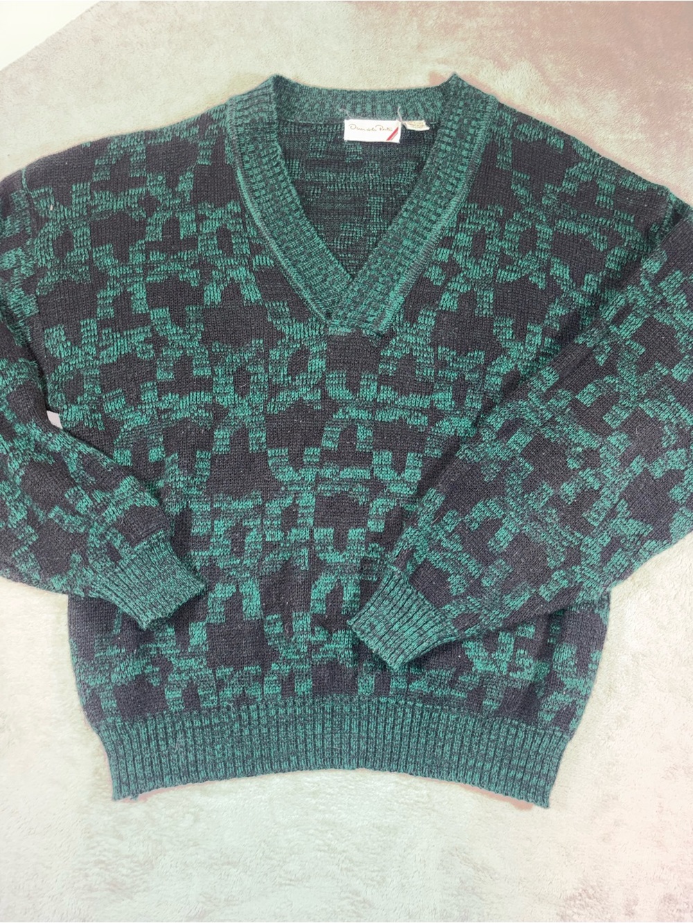 Vintage Oscar de la Renta Geometric Knit V-Neck Sweater Green Black